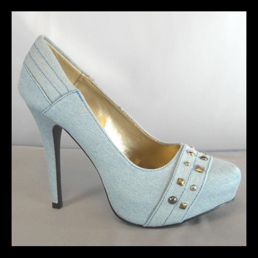 NEW FADED DENIM STUDS HIGH HEEL PLATFORM PUMPS SIZE 8.5  