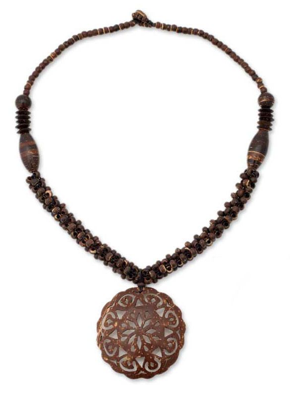 FLORAL MEDALLION Coconut Shell NECKLACE Thai Art Necklaces & Pendants 