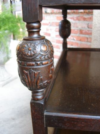   Antique English CARVED Bulbous Oak Tea Trolley Serving Wine Cart Table