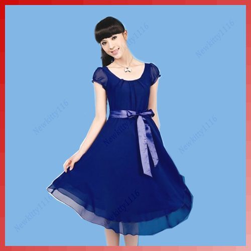 Women Chiffon Scoop Neck Tunic Short Sleeve Slim Dress  