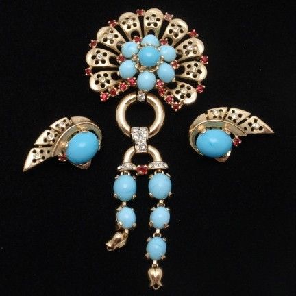   Trifari Turquoise Cab Set Brooch Pin Earrings Vintage Sterling Silver