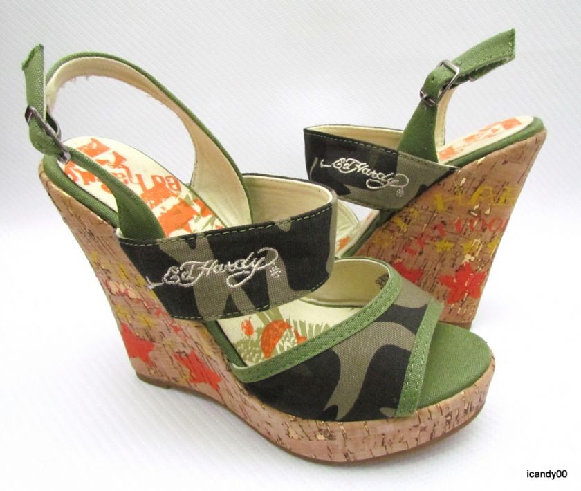 New Ed Hardy *PRIVATE Wedge Platform Slingback Sandal Heel ~Camo Green 