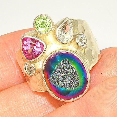 Sterling Silver TITANIUM DRUZY TOPAZ PERIDOT Ring 7.5  