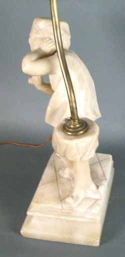 ANTIQUE MARBLE LAMP of BOY SMOKING PIPE light c. 1910  